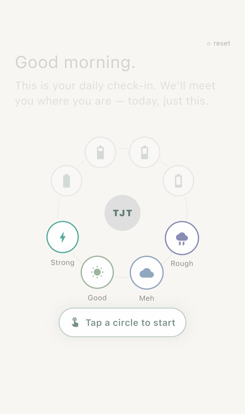 The daily check-in: a calm orbit where you set how today feels and your energy